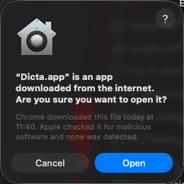 macOS security confirmation — click Open