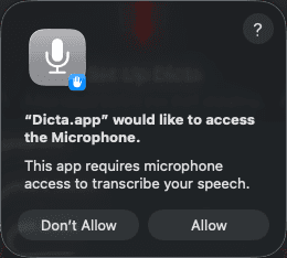 macOS microphone permission dialog — click Allow