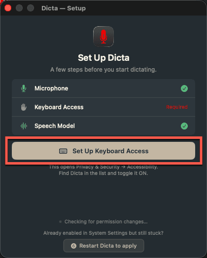 Setup window — click Set Up Keyboard Access