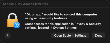 macOS Accessibility permission dialog — click Open System Settings