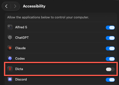 System Settings Accessibility — Dicta toggle is off