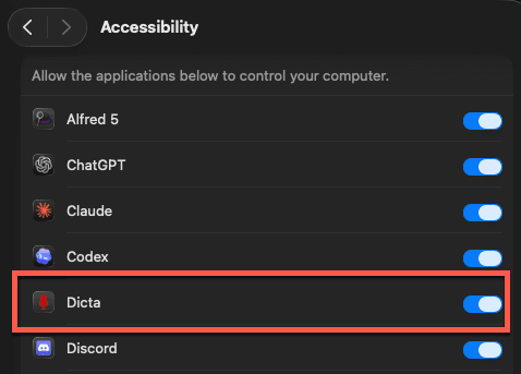System Settings Accessibility — Dicta toggle turned on