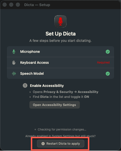 Setup window — click Restart Dicta to apply
