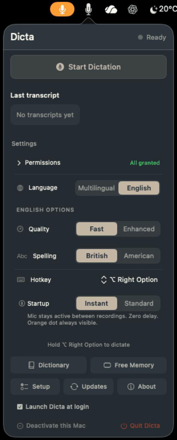 The Dicta control panel