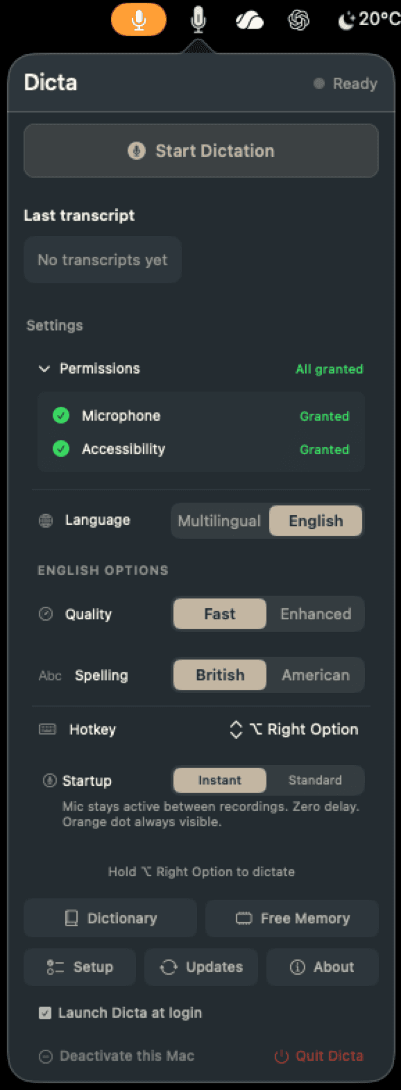 Permissions section expanded — Microphone and Accessibility both granted