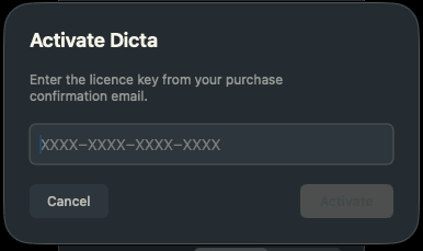 Activate Dicta — enter your licence key