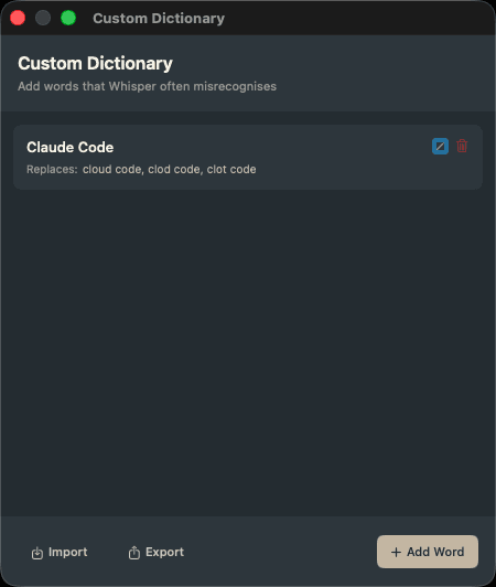 Custom Dictionary window